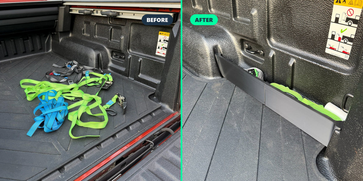 Ford Ranger ute tub before and after: loose ratchet straps across the floor, then stowed neatly behind the tray divider